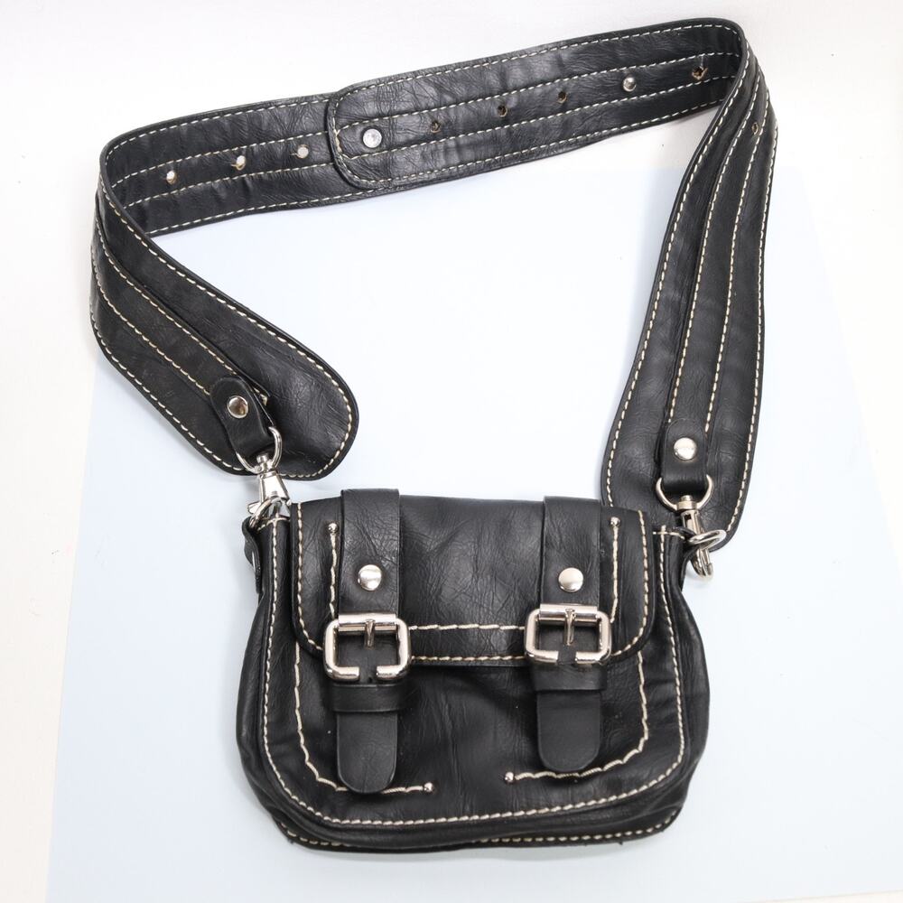 Hip Fanny Pack waist Bag Handbag S Black Faux Leather Wide Strap Buckles Pouch